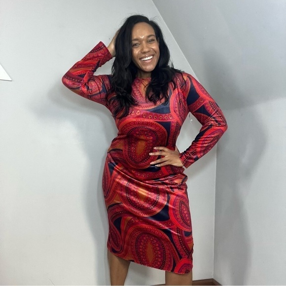 Tyler Boe orange velvet paisley print Dana midi dress bodycon long sleeve boho - Picture 3 of 13